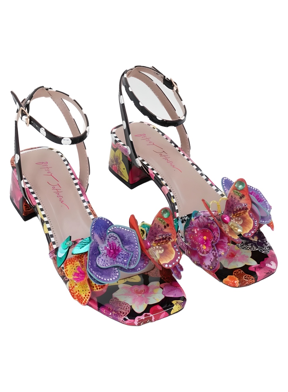Betsey Johnson Maranda Black Multi Floral Butterfly Applique 2" Block Size 8M